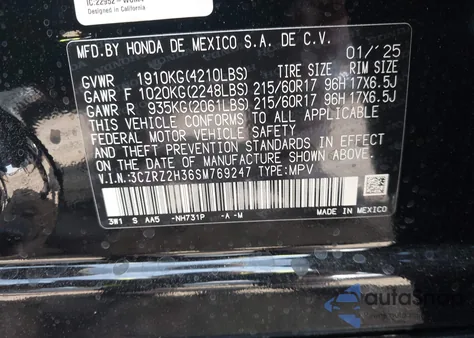 2025 Honda Hr-V Awd Lx z USA, uszkodzony, nr VIN 3CZRZ2H36SM769247